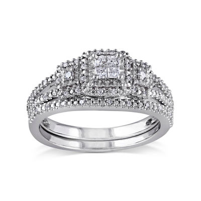 1/4 CT.T.W. Natural Diamond Sterling Silver 3-Stone Bridal Ring Set