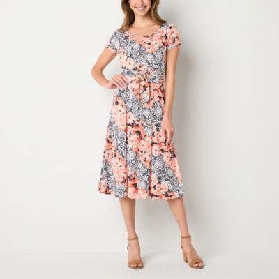 Perceptions Petite Short Sleeve Floral Puff Print Midi Fit + Flare Dress