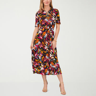 MSK Short Sleeve Floral Midi Fit + Flare Dress