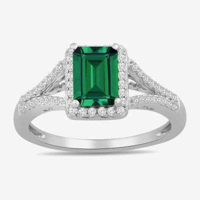 Womens Lab Created Green Emerald Sterling Silver Halo Side Stone Cocktail Ring