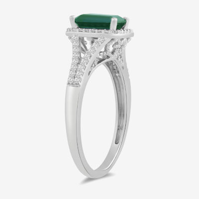 Womens Lab Created Green Emerald Sterling Silver Halo Side Stone Cocktail Ring