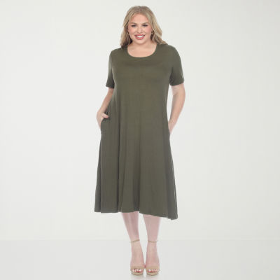 White Mark Womens Plus Short Sleeve Midi A-Line Dress