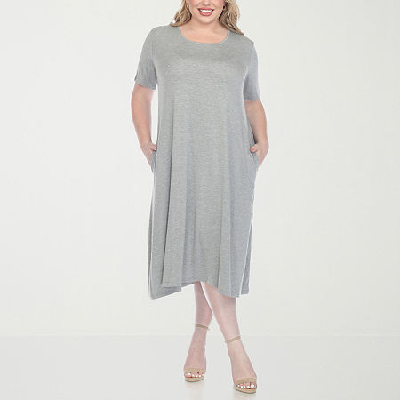 White Mark Womens Short Sleeve Midi A-Line Dress Plus