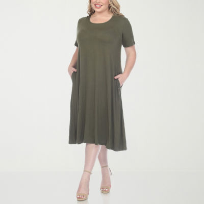 White Mark Womens Plus Short Sleeve Midi A-Line Dress