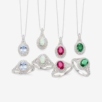 Gemstone & Lab-Created White Sapphire Sterling Silver Halo Pendant Necklace