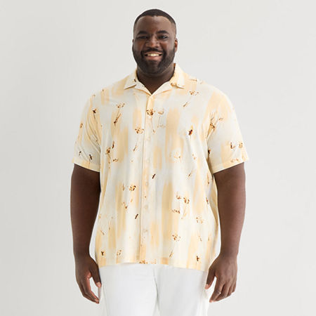Shaquille O'Neal XLG Mens Short Sleeve Stretch Fabric Big and Tall Camp Shirt, 4x-large Tall, Beige