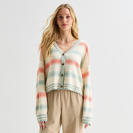 Hurley Womens V Neck Long Sleeve Open Front Juniors Striped Cardigan In Sand