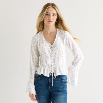 Arizona Womens Juniors Round Neck Long Sleeve Blouse