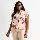 Liz Claiborne Womens Plus Mock Neck 3/4 Sleeve Ruffled Blouse