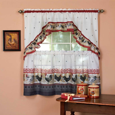Roosters 3pc. Rod Pocket Kitchen Curtain Window Set, Color Burgundy