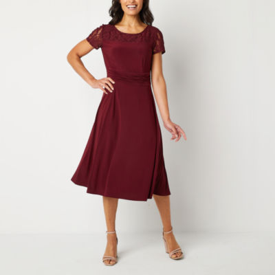 Perceptions Short Lace Sleeve Fit + Flare Dress, Color: Wine - JCPenney
