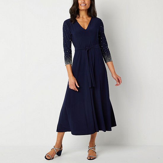 MSK 3/4 Sleeve Beaded Midi Fit + Flare Dress, Color: Navy - JCPenney