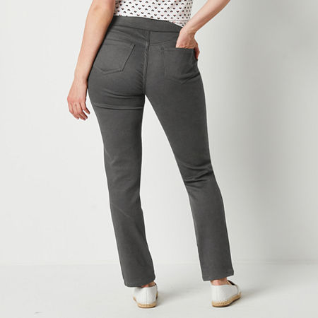 Liz Claiborne Amber Womens Mid Rise Straight Pull-On Pants, 4 Petite, Gray