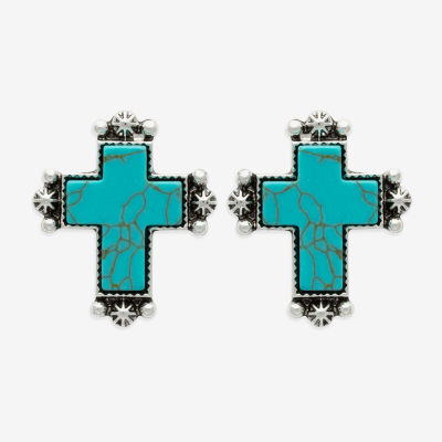 Bijoux Bar Silver Tone Blue Glass 26.6mm Cross Stud Earrings