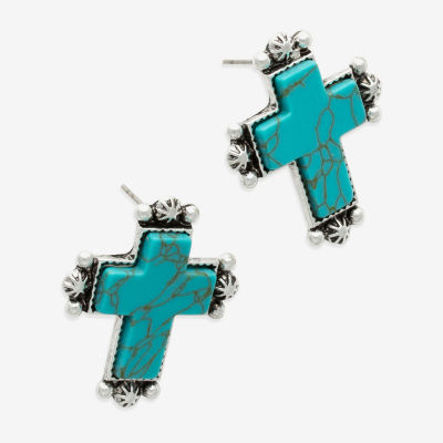 Bijoux Bar Silver Tone Blue Glass 26.6mm Cross Stud Earrings