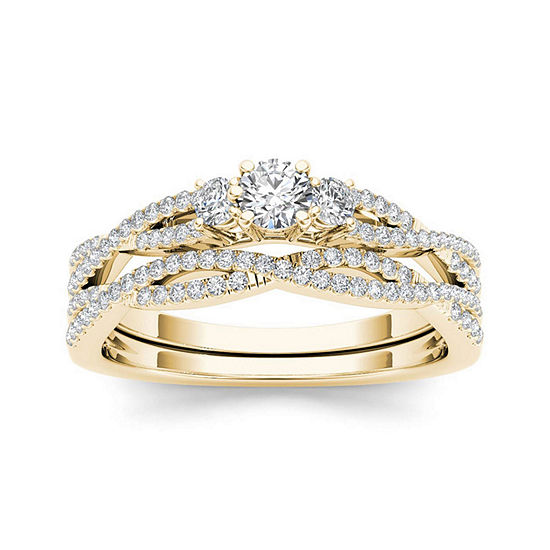 1/2 CT. T.W. Diamond 14K Yellow Gold Crossover Bridal Ring Set , Color ...