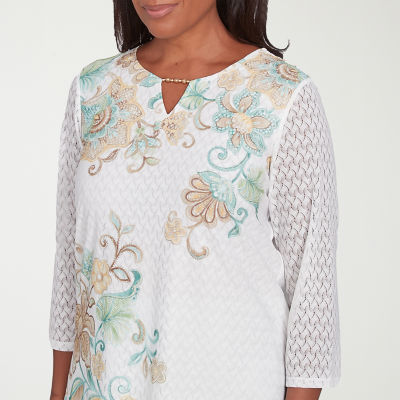 Alfred Dunner Kensington Garden Womens Split Crew Neck 3/4 Sleeve T-Shirt