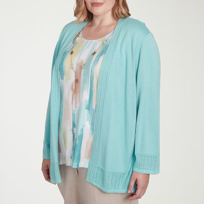 Alfred Dunner Kensington Garden Womens Round Neck 3/4 Sleeve Layered Sweater Plus