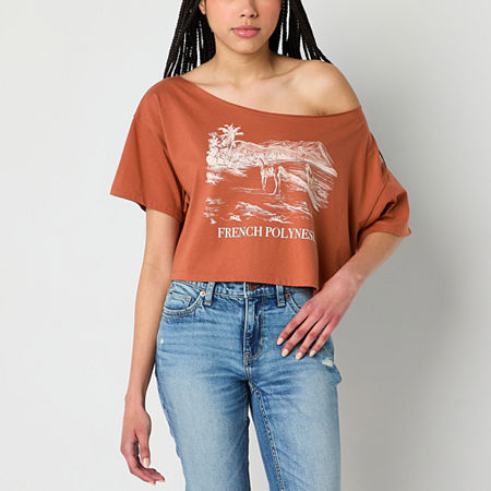 Arizona Off The Shoulder Womens Short Sleeve Relaxed Fit Juniors Graphic T-Shirt, Small, Red