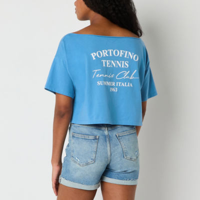 Arizona Off The Shoulder Womens Juniors Short Sleeve Relaxed Fit Graphic T-Shirt