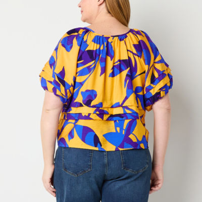 Liz Claiborne Womens Round Neck Elbow Sleeve Plus Blouse