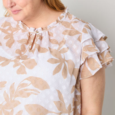 Liz Claiborne Womens Plus Keyhole Neck Short Sleeve Blouse