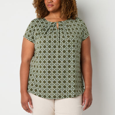 Liz Claiborne Womens Crew Neck Short Sleeve Adaptive Plus Blouse