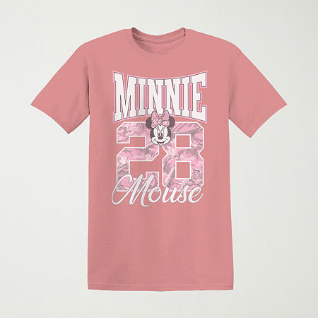 Minnie Varsity Boyfriend Tee Womens Juniors Crew Neck Short Sleeve Loose Fit Minnie Mouse Graphic T-Shirt, Medium, Pink