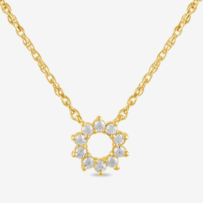 Womens 1/10 CT. T.W. Lab Grown White Diamond 10K Gold Circle Sunburst 18 Inch Pendant Necklace