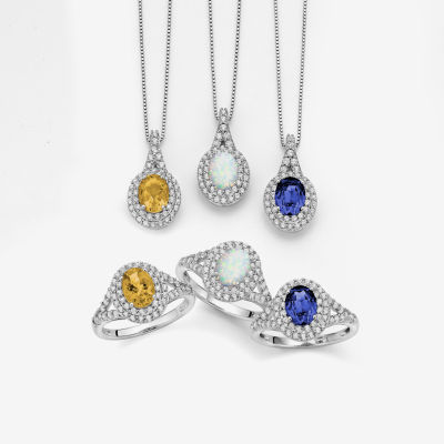 Gemstone & Lab-Created White Sapphire Sterling Silver Halo Pendant Necklace