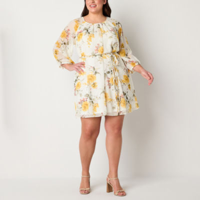 Studio 1 Womens Plus 3/4 Sleeve Floral Fit + Flare Dress