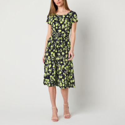 Perceptions Womens Short Sleeve Floral Midi Fit Flare Dress Petite