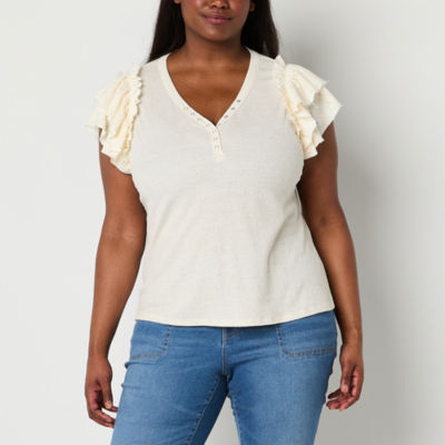 Frye and Co. Womens Plus Y Neck Short Sleeve Blouse