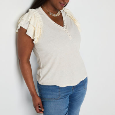 Frye and Co. Womens Plus Y Neck Short Sleeve Blouse