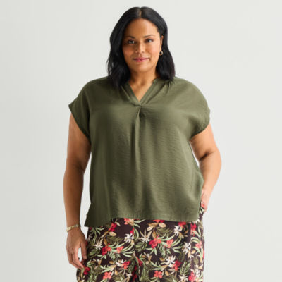 Liz Claiborne Womens Plus Split Crew Neck Short Sleeve Satin Blouse