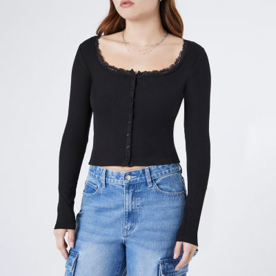 Forever 21 Womens Square Neck Long Sleeve Crop Top Juniors