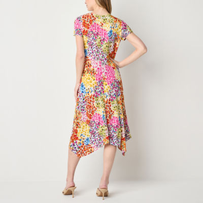 Perceptions Womens Short Sleeve Floral Midi Fit + Flare Dress