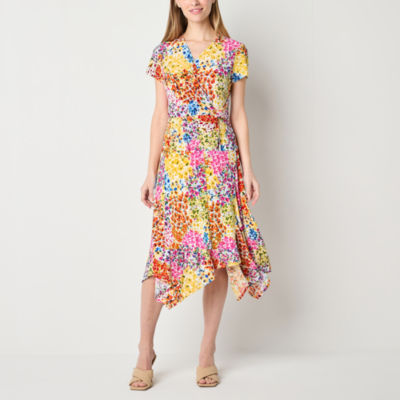 Perceptions Short Sleeve Floral Midi Fit + Flare Dress