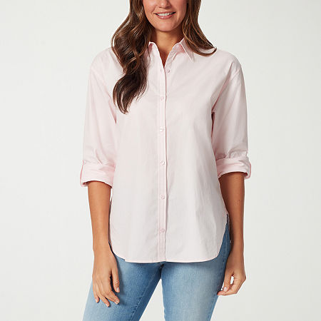 Gloria Vanderbilt Amanda Womens Long Sleeve Regular Fit Button-Down Shirt, Petite Large, Pink