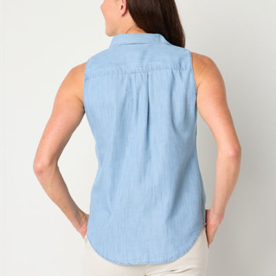 St. John's Bay Tall Womens Sleeveless Regular Fit Button-Down Shirt