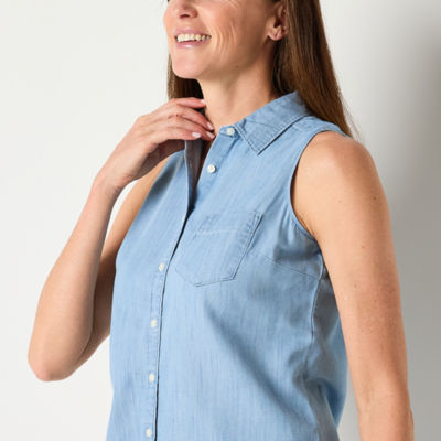 St. John's Bay Tall Womens Sleeveless Regular Fit Button-Down Shirt