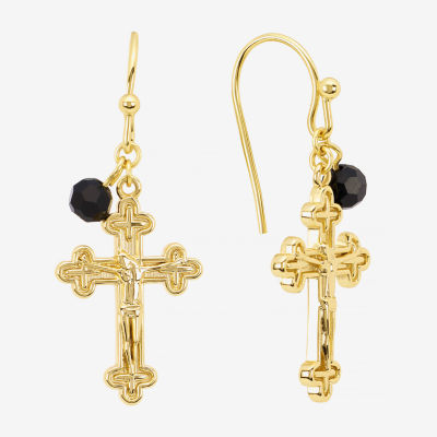 Silver Reflections Womens Black Crystal 14K Gold Over Brass Cross Drop Earrings