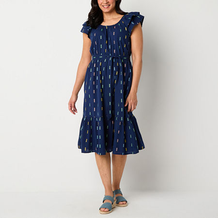 St. John's Bay Womens Short Sleeve Midi A-Line Dress