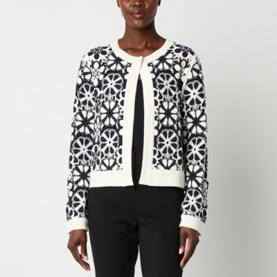 Liz Claiborne Womens Crew Neck Long Sleeve Open Front Floral Cardigan