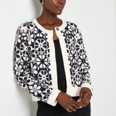 Liz Claiborne Womens Crew Neck Long Sleeve Open Front Floral Cardigan