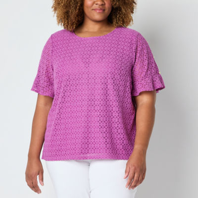 Liz Claiborne Plus Womens Crew Neck Short Sleeve Lace Blouse