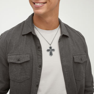 Made in Italy Mens Black Spinel Sterling Silver Cross 22 Inch Pendant Necklace