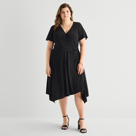 Perceptions Womens Plus Short Sleeve Fit + Flare Dress, 2x, Black