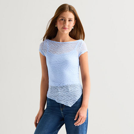 Arizona Womens Juniors Asymmetrical Neck Short Sleeve T-shirt In Blue