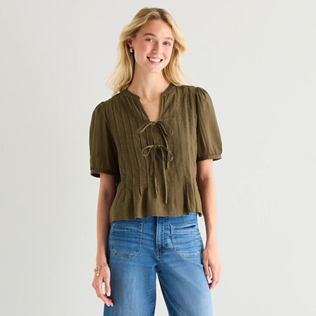 a.n.a Womens Y Neck Short Sleeve Blouse, X-large, Green